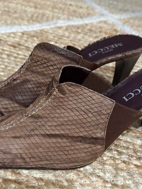 Sesto Meucci Women’s Brown Snakeskin High Heel Mules Size 7.5 NEW No Box